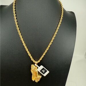 Gold Thick Rope Chain Necklace Set Praying Hands Pendant New With Tag